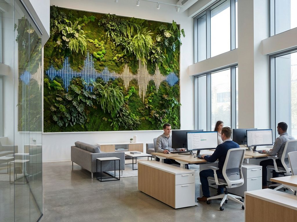 Moderne kantoor met grote groene plantenwand die geluid absorbeert, natuurlijk licht en eigentijds meubilair