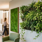 Weelderige groene plantenwand met pothos en varens naast smaragdgroen mospan in modern kantoorinterieur met natuurlijk licht