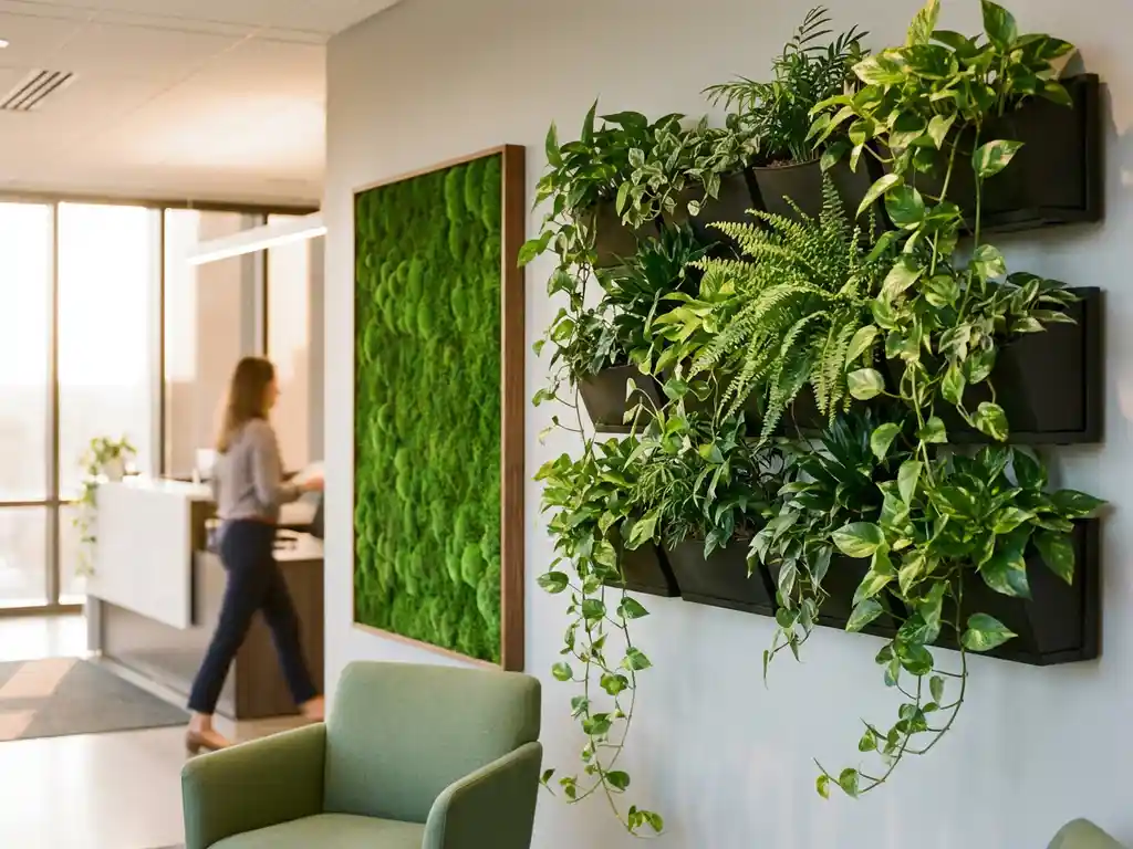 Weelderige groene plantenwand met pothos en varens naast smaragdgroen mospan in modern kantoorinterieur met natuurlijk licht