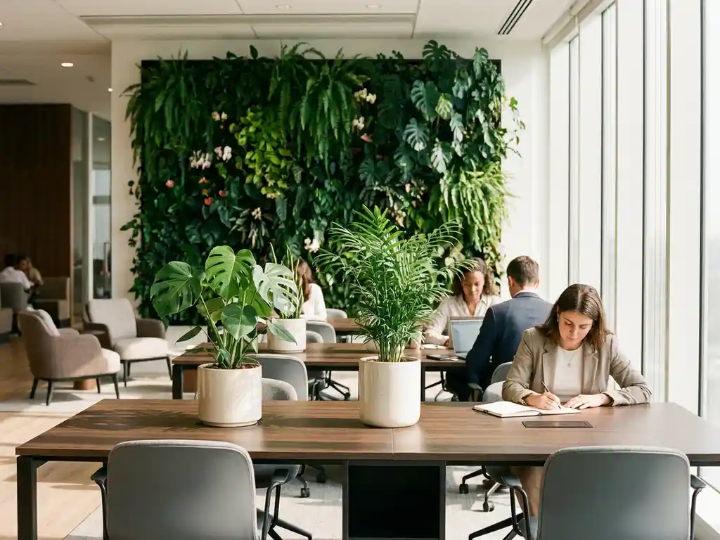 Moderne kantoorinterieur met verticale plantenwand van tropische planten, Monstera en palmen op bureaus, natuurlijk licht