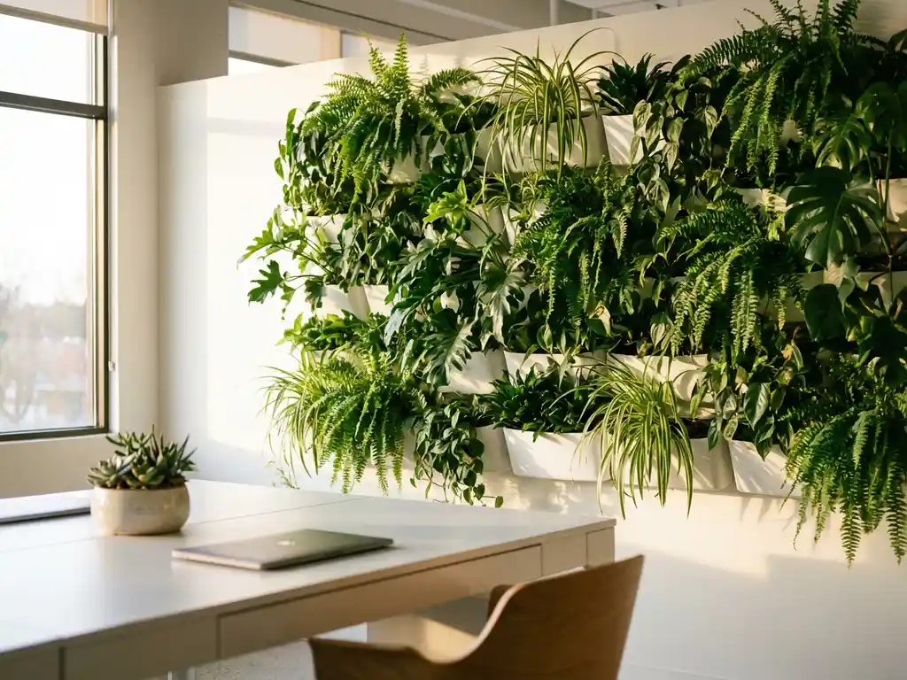 Weelderige plantenwand met tropische begroeiing naast modern bureau met vetplanten in helder kantoor