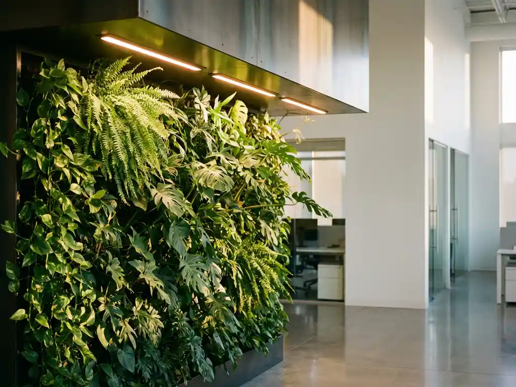 Weelderige verticale plantenwand met LED-groeilampen in moderne kantooromgeving, tropische bladeren tegen witte muur