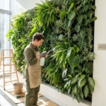 Onderhoudsmonteur verzorgt groene plantenwand in modern kantoor met natuurlijk daglicht