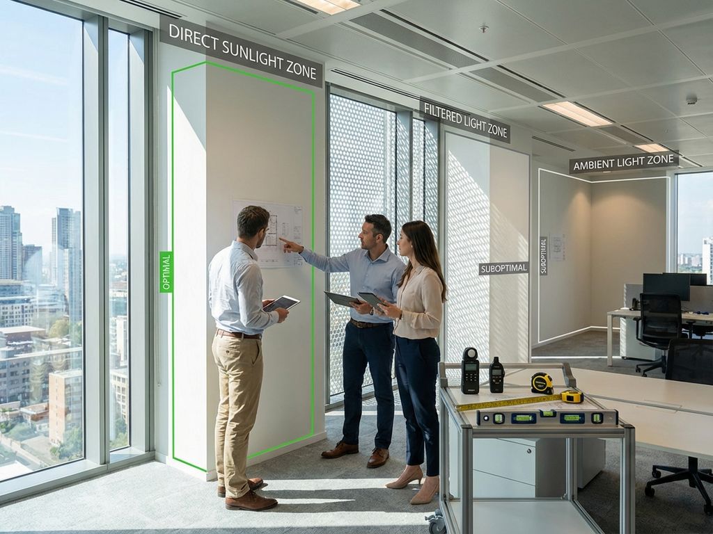 Moderne kantoorruimte met verschillende belichtingszones voor plantenwand plaatsing, inclusief meetinstrumenten