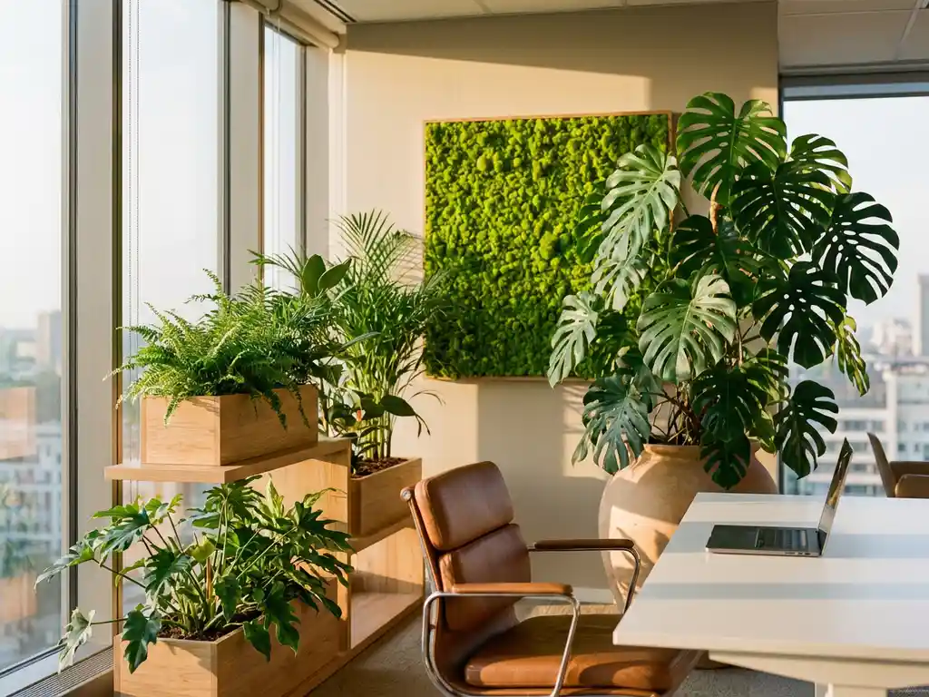 Moderne kantoorhoek met grote Monstera deliciosa naast witte bureau, groene moswand achter leren stoel, warme zonnestralen door ramen