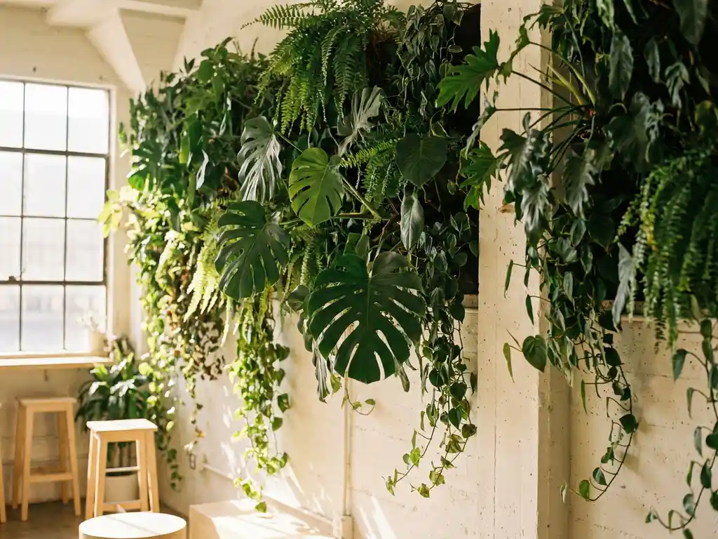 Weelderige verticale plantenwand met Monstera-bladeren en hangende varens in een modern interieur, verlicht door warm natuurlijk licht.