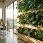 Weelderige verticale plantenwand met tropische planten in modern kantoor met vloerhoge ramen en natuurlijk licht