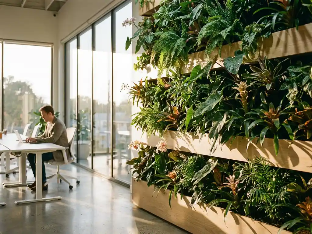 Weelderige verticale plantenwand met tropische planten in modern kantoor met vloerhoge ramen en natuurlijk licht