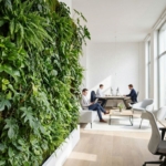 Moderne kantoorruimte met verticale plantenwand van vloer tot plafond, natuurlijk licht door grote ramen