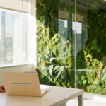 Groene moswand installatie achter glas met verzekeringsdocument map op wit bureau, natuurlijk licht door kantoorvensters
