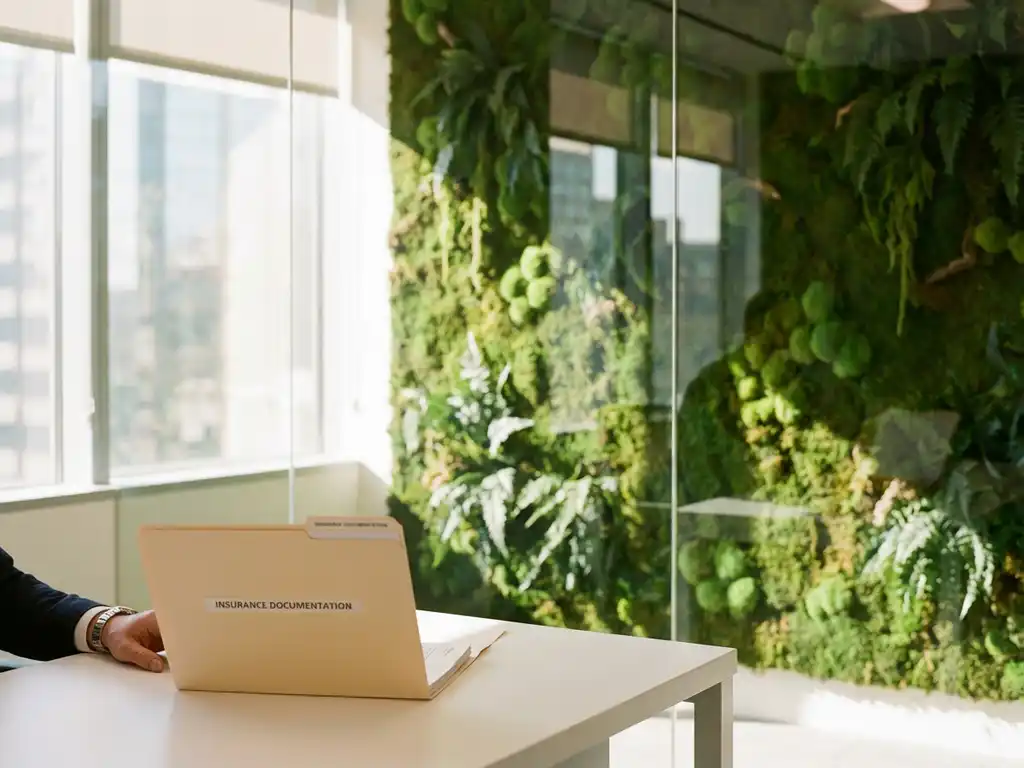 Groene moswand installatie achter glas met verzekeringsdocument map op wit bureau, natuurlijk licht door kantoorvensters