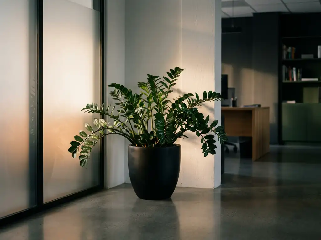 Zamioculcas zamiifolia plant met glanzende donkergroene bladeren in zwarte plantenbak op betonnen vloer in modern kantoor